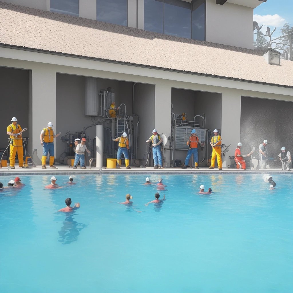 Maintenance worker fixing the heating system with happy guests in the pool