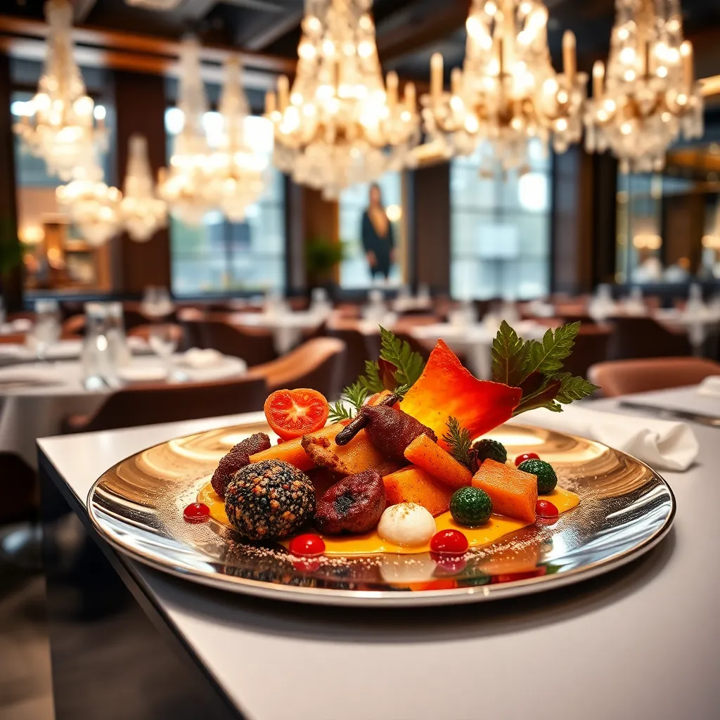 An ultra-luxurious gourmet dish on a platinum plate, glowing exotic ingredients, edible gold leaf, molecular gastronomy, background of a high-end restaurant with crystal chandeliers