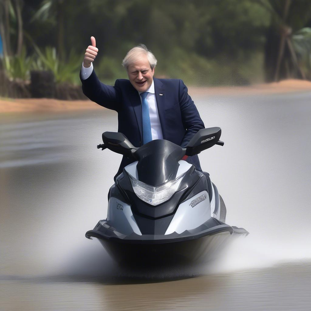 the Prime Minister giving a thumbs-up from a jet ski while spraying a rooster tail of floodwater onto a group of soaked journalists