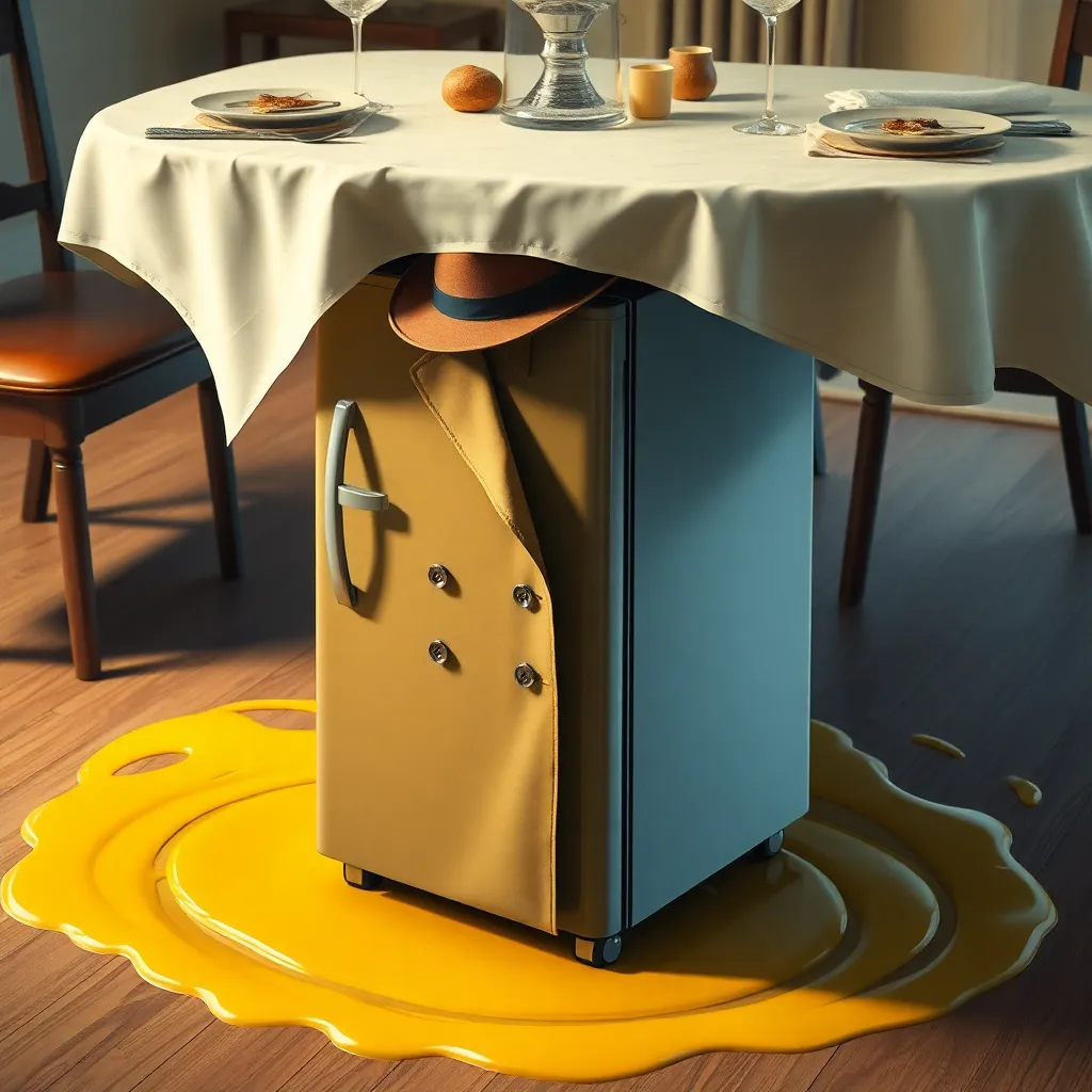 refrigerator hiding under a dining table wearing a trench coat and fedora, only its wheels and handle visible, surrounded by tiny tire tracks in melted butter