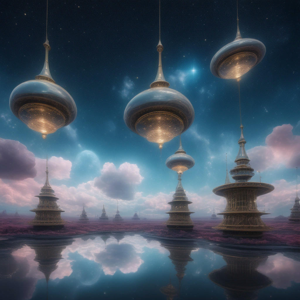 A dreamlike, ethereal landscape of the Discopædia, with towering hats, shimmering mirrors, and glowing clockwork orbs, set against a backdrop of swirling clouds and starry skies, in a style reminiscent of surrealist art and fantasy landscapes