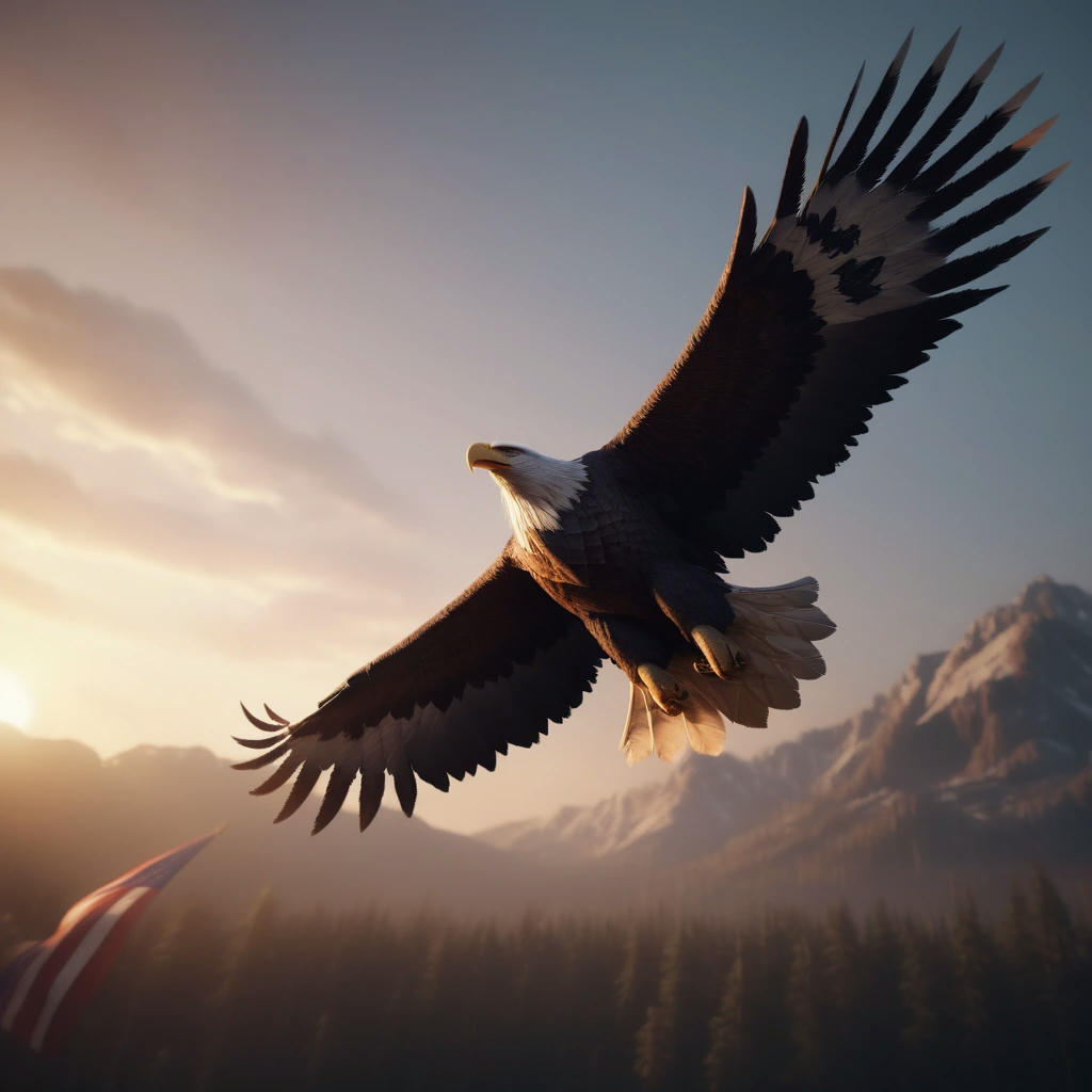 a majestic bald eagle, Liberty, soaring through the skies, carrying a banner with the American flag, sun setting in the background, dramatic lighting, cinematic atmosphere, hyper-realistic, 4k, detailed feathers, sharp focus