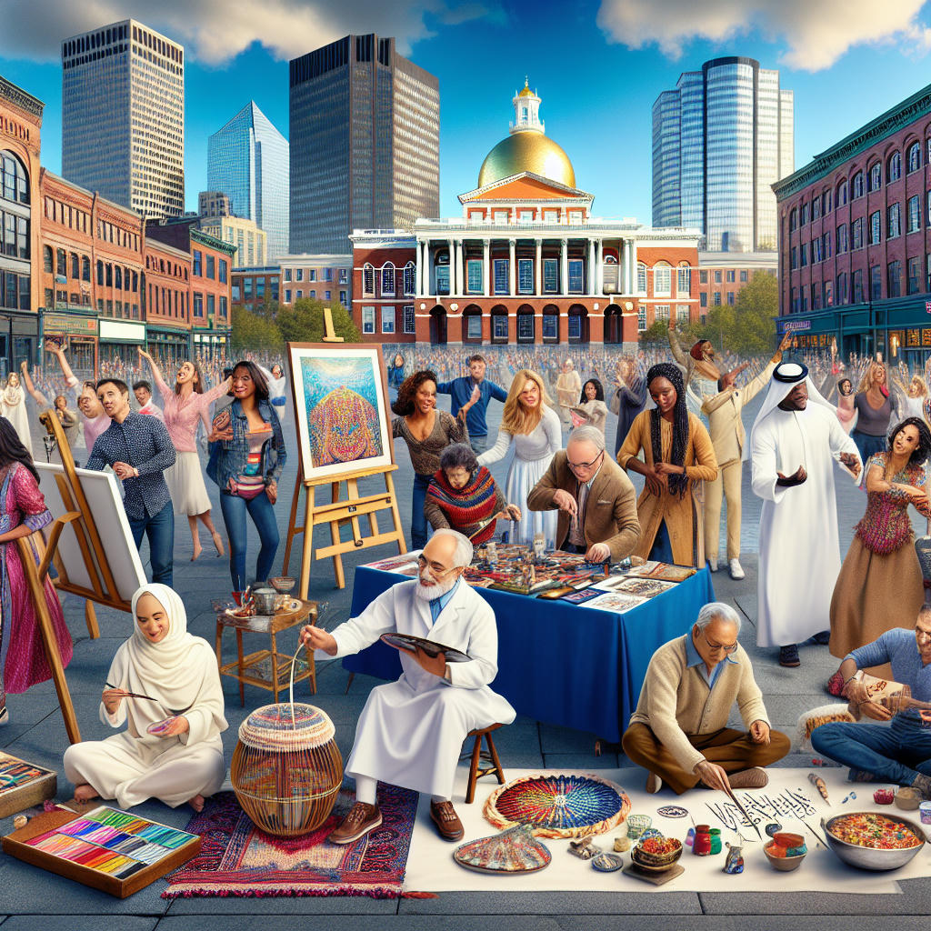 A diverse group of people in a Massachusetts town square, engaging in various cultural activities, with a backdrop of historic buildings and modern skyscrapers, hyper-realistic, intricate details, photo-realism, vibrant colors