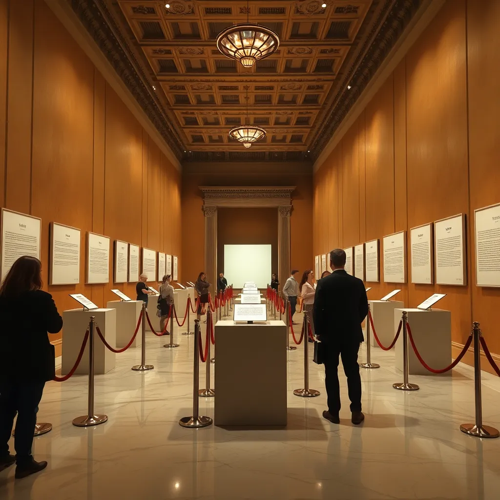 surreal museum hall dedicated to emptiness, velvet ropes surrounding completely vacant pedestals, visitors studying blank placards with intense seriousness, marble floors, golden light, high detail, absurd institutional grandeur