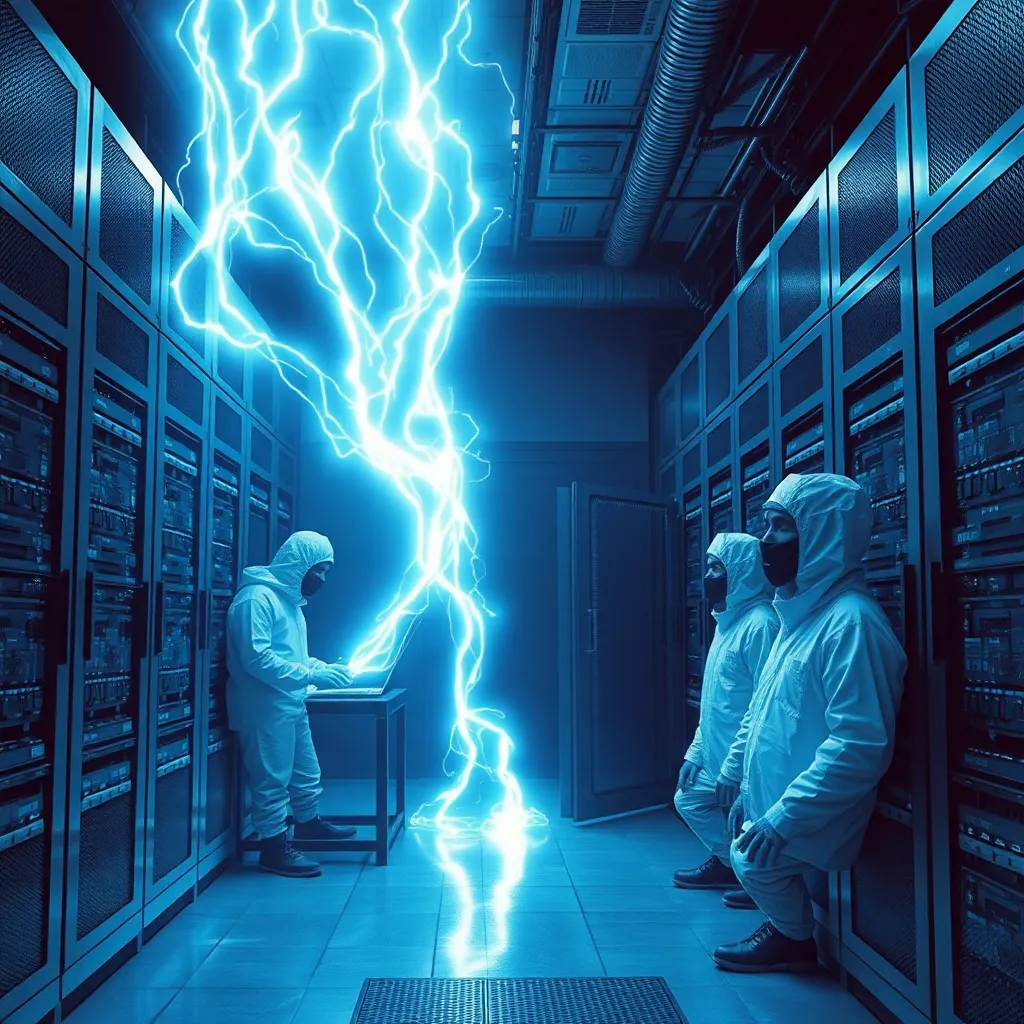secure data center bunker isolated from all networks, yet ghostly streams of invisible energy represented artistically seeping into computers, technicians in protective suits looking horrified, moody blue lighting, high-detail sci-fi realism