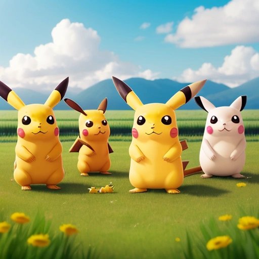 Pikachu surrounded by children and animals