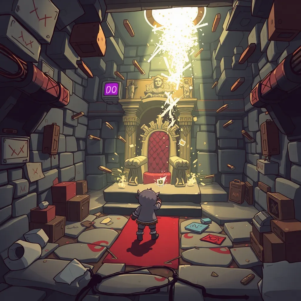 behind the scenes game development chaos, debug view of a game level with collision boxes, arrows, particle effects, character accidentally clipping near a boss throne room, humorous yet polished concept art style