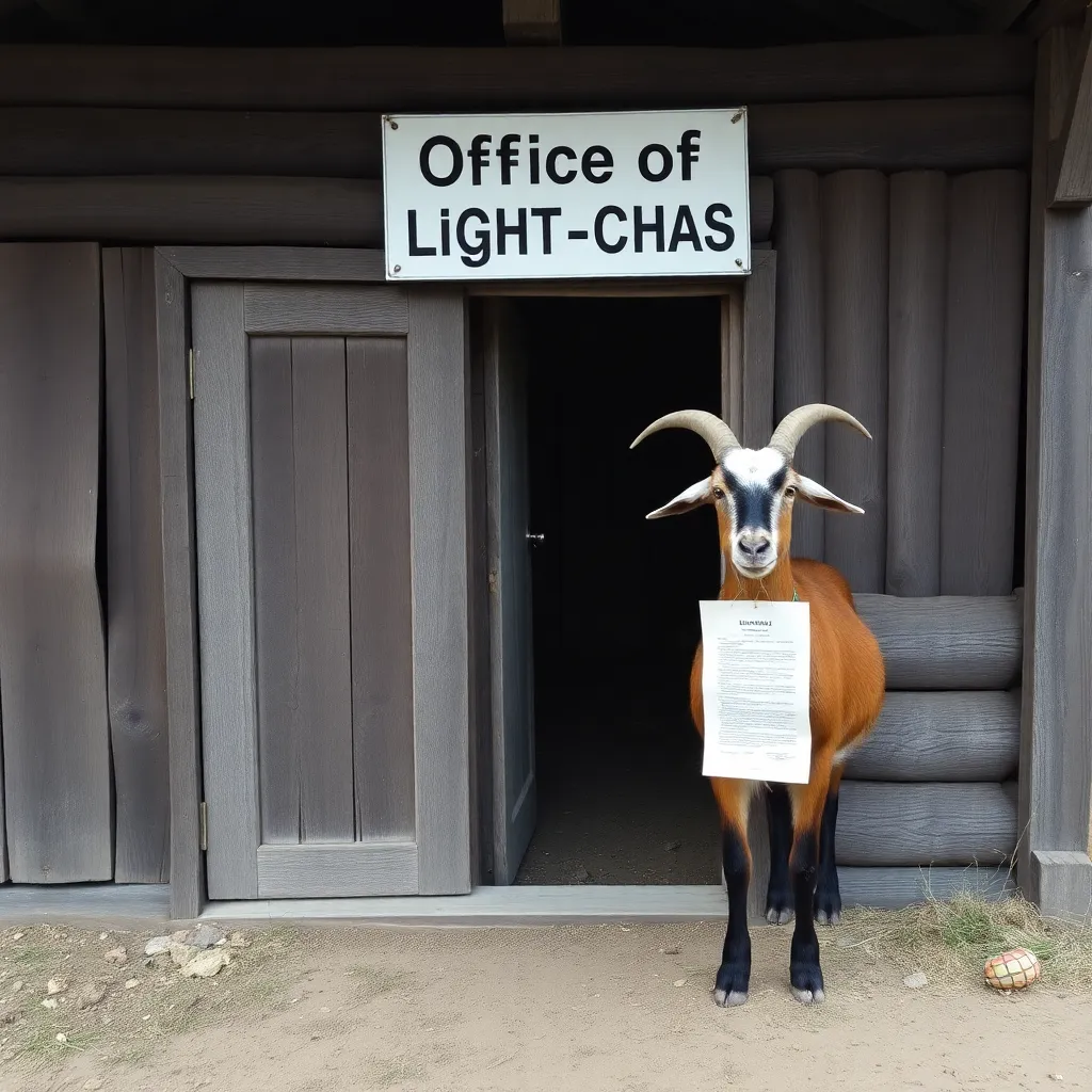 Abandoned shed in Ukrainian village with a sign 'Office of Light-Chaos', a goat standing next to it holding a fake document in mouth