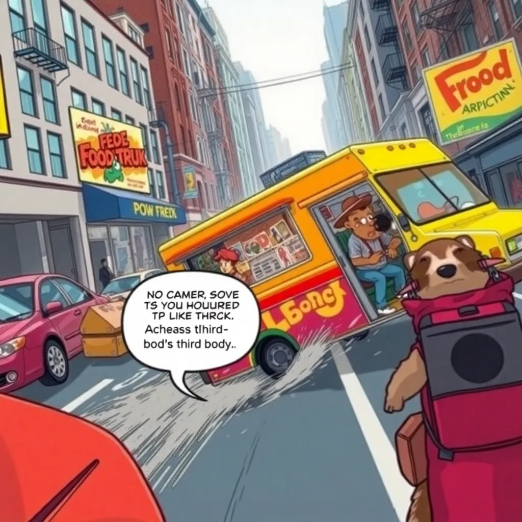 “Raise the stakes” checklist montage: third body + talking animal + food truck chase