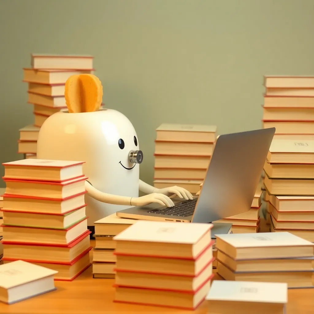 a toaster typing on a laptop, surrounded by stacks of identical books