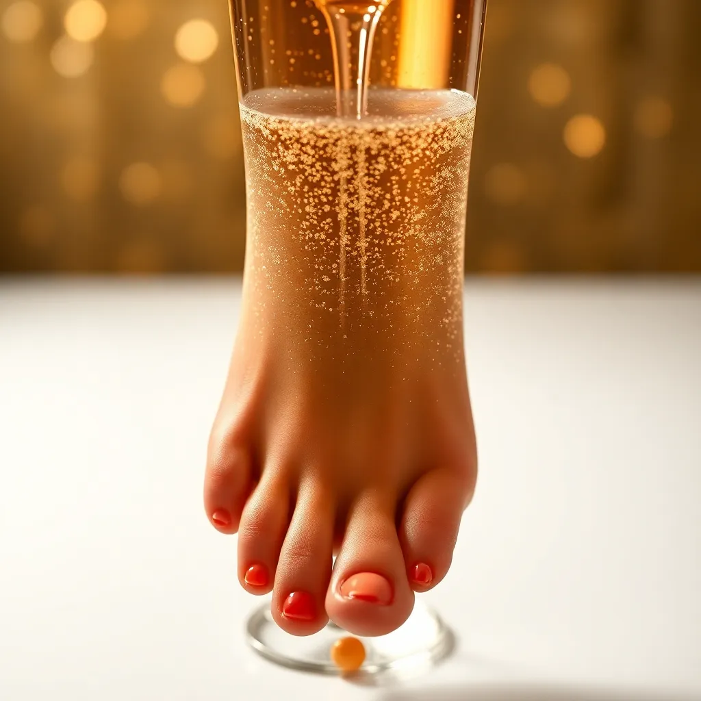 foot submerged in a champagne flute filled with glittering liquid, tiny caviar eggs balanced on toes, art deco background
