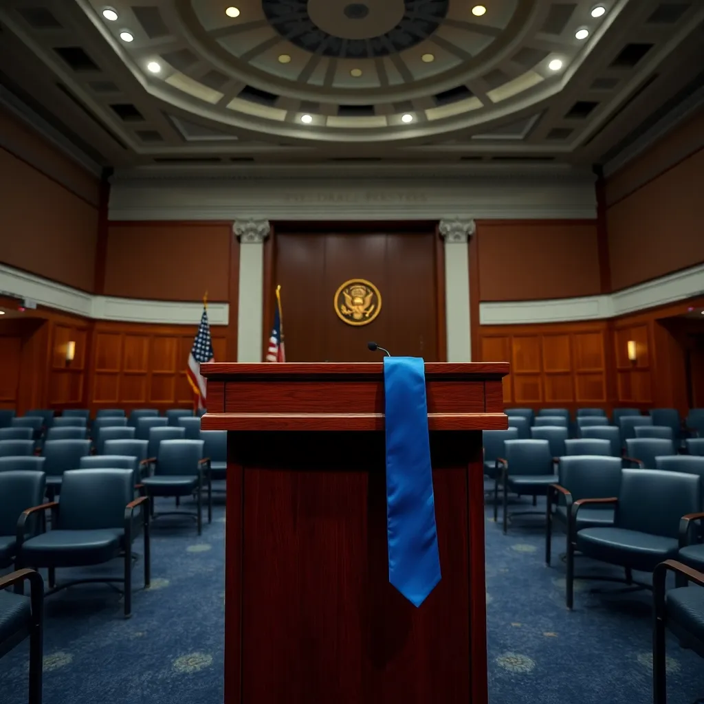 A wide shot of an empty press briefing room at the Federal Reserve, a single blue tie draped over the mahogany lectern, dramatic lighting, professional news photography.