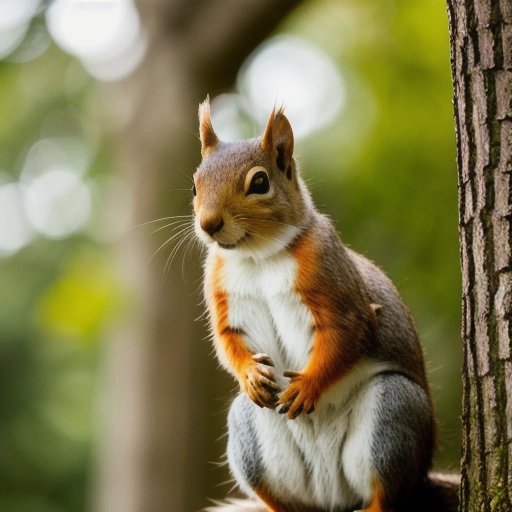 Mischievous squirrel peeking out from a tree