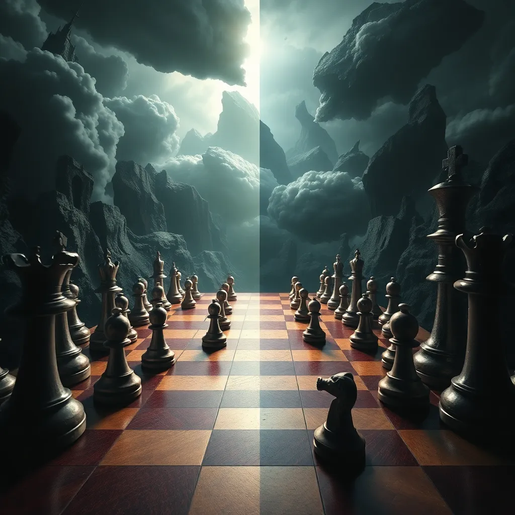 surreal strategic chess battlefield split into two worlds, one side orderly geometric center control with pawns on d4 and c4, other side dark dynamic fianchetto setup with bishop on g7, epic contrast, atmospheric, ultra detailed digital art
