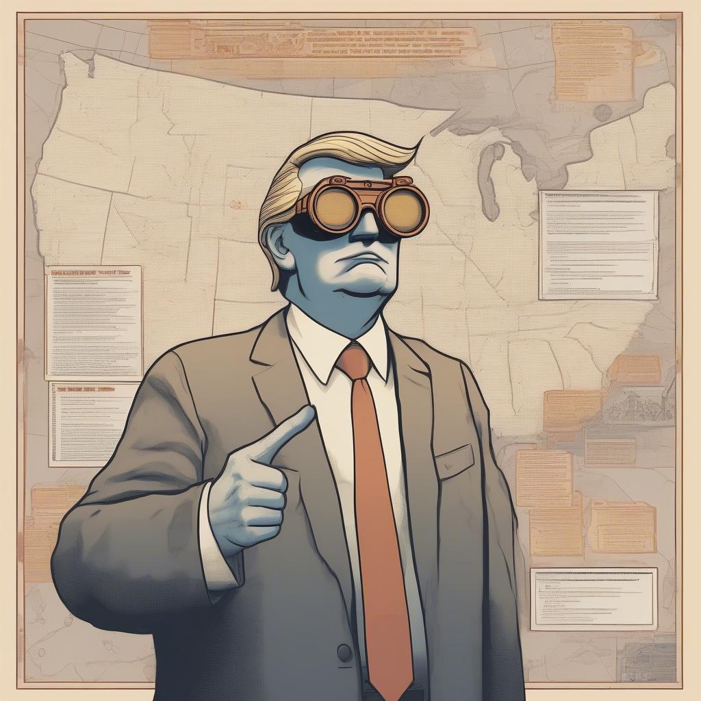 A giant Trump head wearing Factorio engineer goggles, pointing at a map of the U.S. overwritten with conveyor belts and 'PRODUCTION MUST GROW' in comic sans