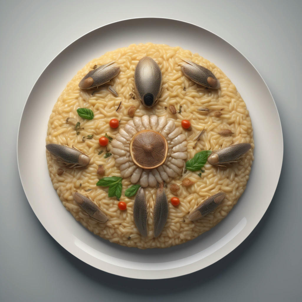 a gourmet mealworm risotto, elegant presentation, high detail, photorealistic, intricate details, appetizing, gourmet dish