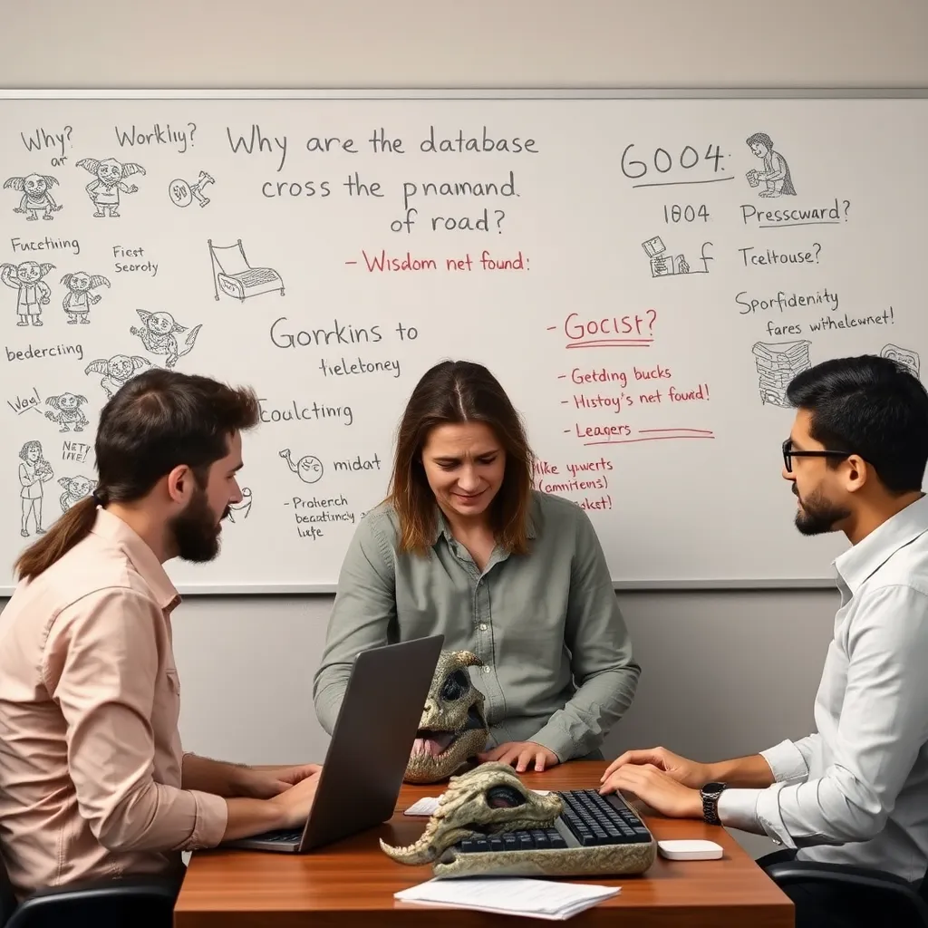 a stressed IT team huddled around a whiteboard covered in doodles of goblins and phrases like 'Why did the database cross the road?' and '404: Wisdom Not Found', one employee sobbing into a keyboard shaped like a dragon's skull