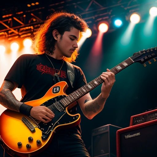 Guitarist shredding on stage during melodic deathstep performance