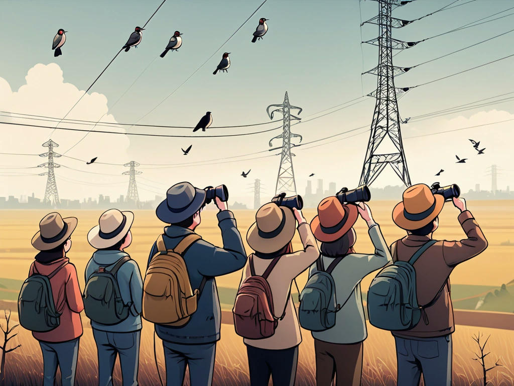 a group of people with binoculars and hats looking up at power lines, trying to shoo away birds