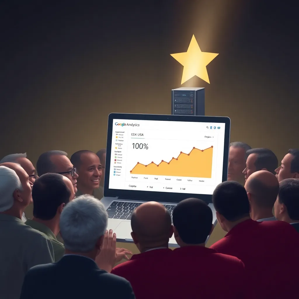 Crying world leaders huddled around a laptop showing Google Analytics with 'USA' at 100% market share, while a tiny Texas-shaped server rack beams triumphant light