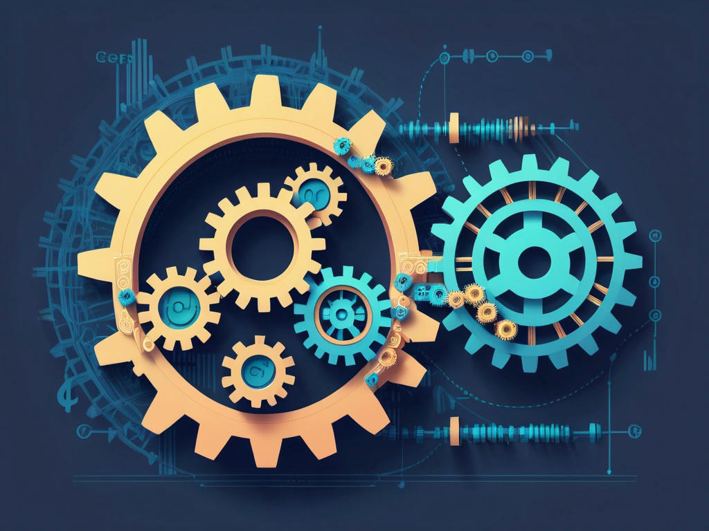 a diagram showing the Luon compiler optimizing code, with gears and cogs turning in the background