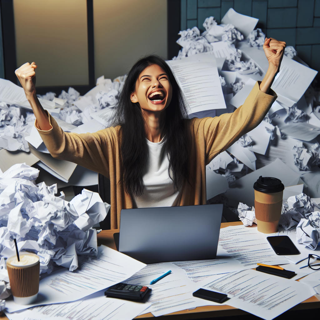 A programmer celebrating a breakthrough in debugging, surrounded by stacks of printouts.