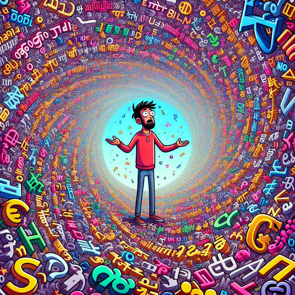 a chaotic scene with a person surrounded by floating Unicode characters from various languages, looking overwhelmed and confused, humorous and exaggerated, cartoon style, vibrant colors, high detail