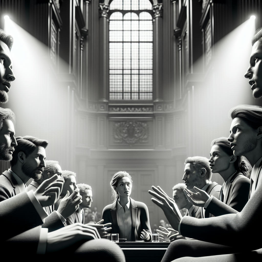 a group of politicians in a heated debate in a grand hall, intense expressions, high-resolution, photorealistic, dramatic lighting