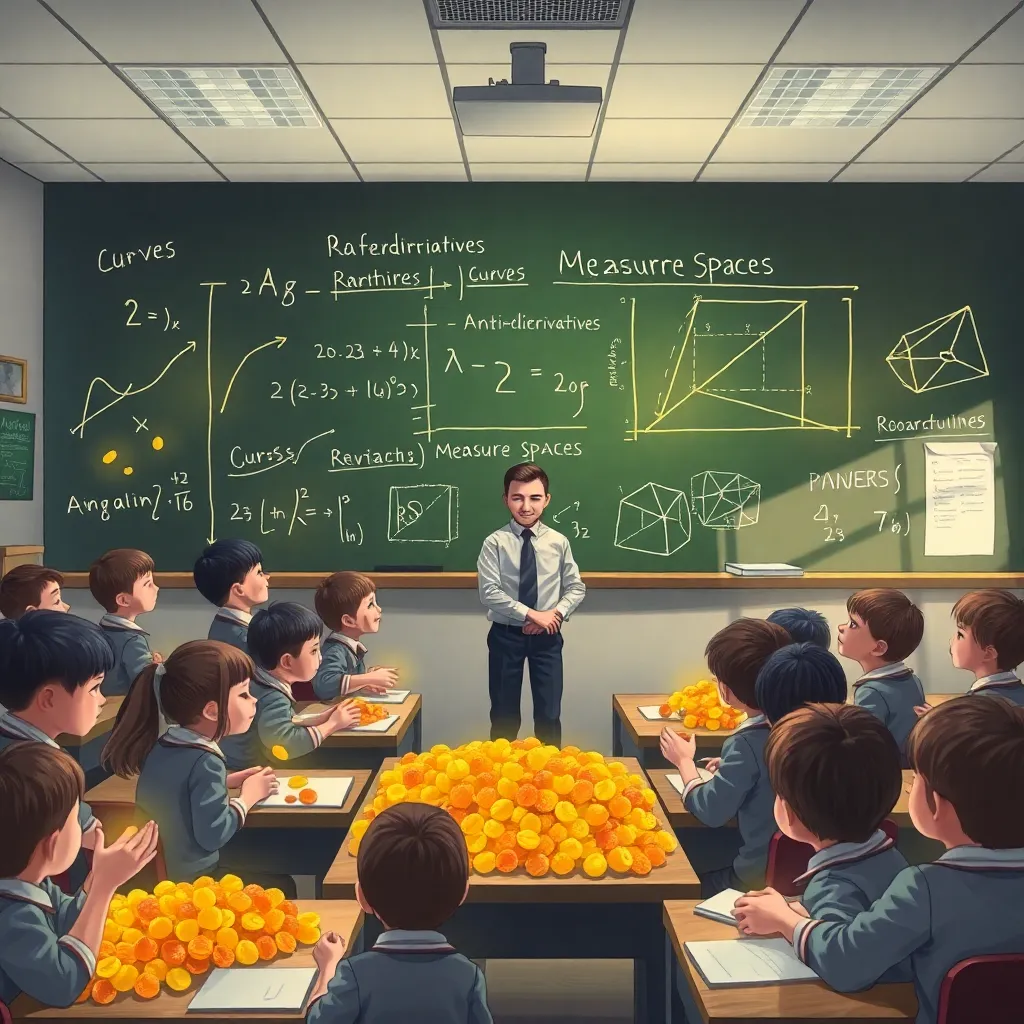 chaotic modern classroom where children in school uniforms sort glowing raisins into mathematical categories, a giant chalkboard shows curves, antiderivatives, and measure spaces, teacher looking proud and bewildered, playful realistic style