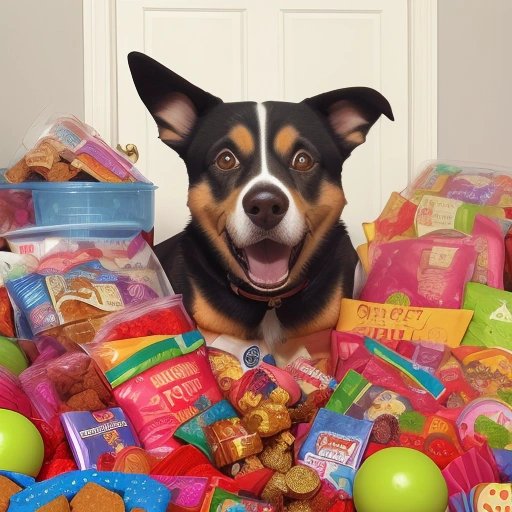 Dog surrounded by treats and toys