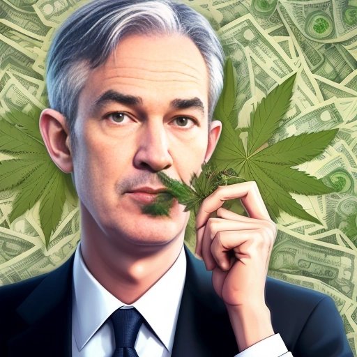 Jerome Powell smoking a joint and surrounded by money and cannabis