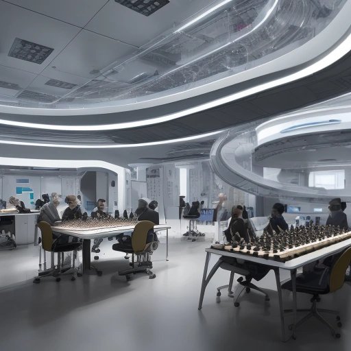 Futuristic laboratory merging chess and quantum science