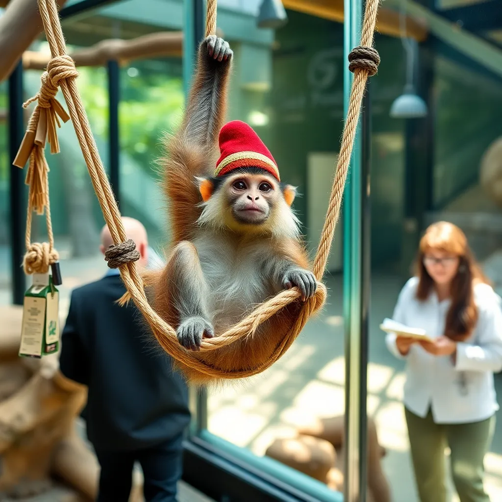 capuchin monkey in an indoor zoo observation habitat lounging upside down on a rope hammock while wearing a ridiculous tiny fez, confiscated souvenirs nearby, zoo behavior specialists taking notes behind glass, bright natural lighting, detailed expressive scene