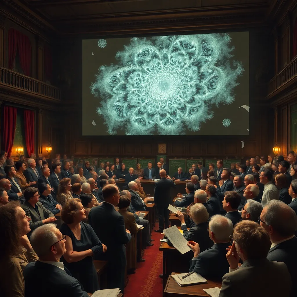 a crowded Victorian-style lecture hall in uproar as mathematicians and curious citizens stare at a massive projected Mandelbrot fractal, expressions of awe and alarm, chalkboards filled with equations, velvet curtains, gaslamp glow, papers flying, richly detailed, painterly realism