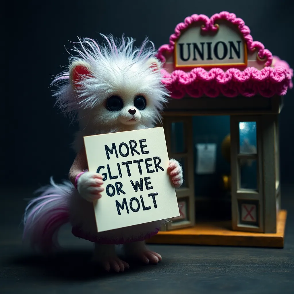tiny fluffy femboy creature holding a picket sign that says 'MORE GLITTER OR WE MOLT', standing next to a miniature union office made of lace and pipe cleaners, dramatic lighting