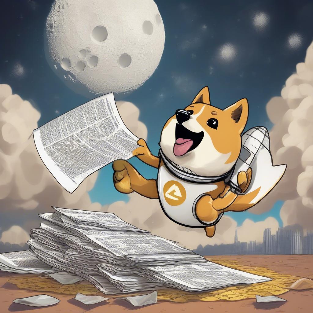 Cartoonish rocket shaped like a Dogecoin mascot blasting off from a launchpad made of crumpled tax documents, moon in background