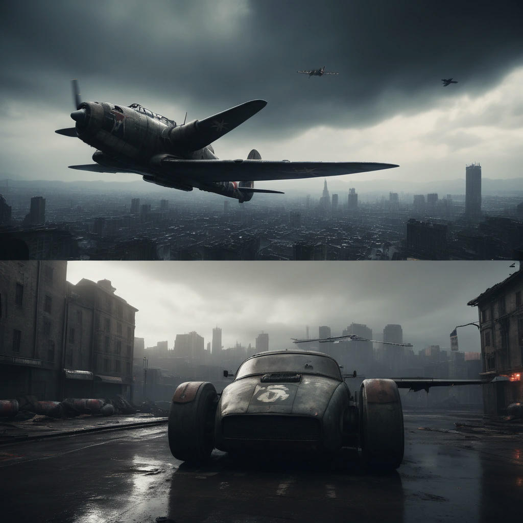 A split-screen image, with a personified War Thunder plane on the left, looking happy and carefree, and a dark, gritty, and ominous cityscape on the right, with a faint image of a person in handcuffs, cinematic lighting, high contrast, gritty, dark, ominous, foreboding, photorealistic, 4k