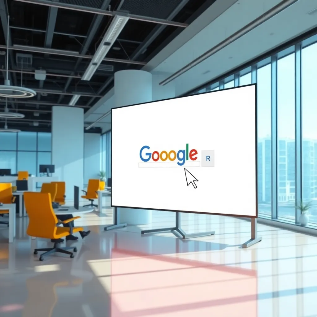 A high-tech Google office interior where the search bar on a giant screen is shaped like a squirrel and is running away from a cursor, bright colors, surreal digital art style.