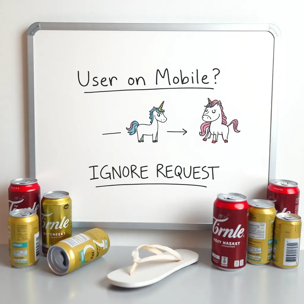 hand-drawn corporate flowchart on whiteboard: 'User on Mobile? -> [cartoon unicorn with '404' horn] -> IGNORE REQUEST', surrounded by empty energy drink cans and a single discarded flip-flop