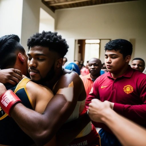 Fighters embracing each other in the aftermath of the world's largest fight club