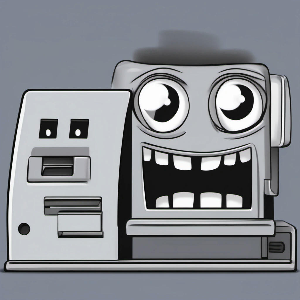 An anthropomorphized evil printer scowls malevolently.