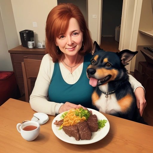 Karen and her dog enjoying a meal with beef broth