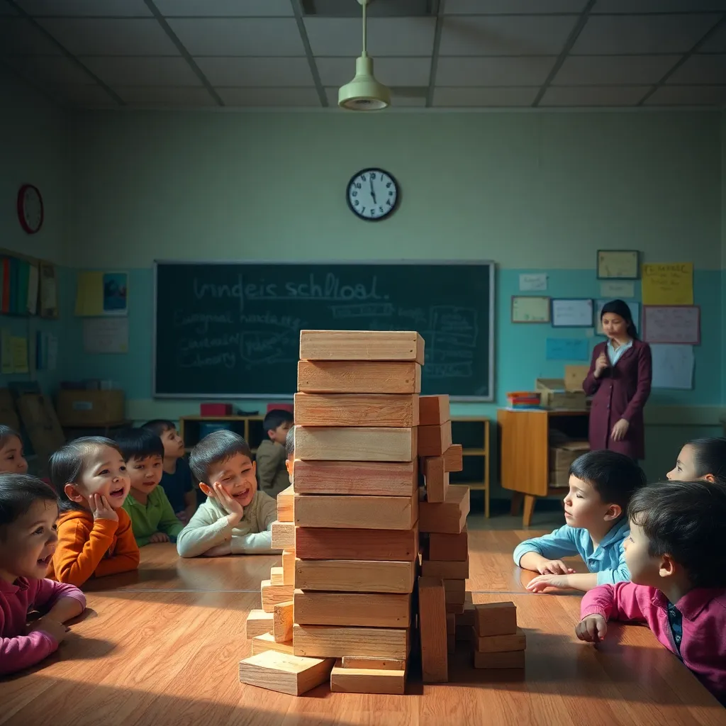A chaotic elementary school classroom where children are crying and a teacher is staring blankly at a pile of wooden blocks that refuse to stack according to the laws of physics, surreal atmosphere, bright colors