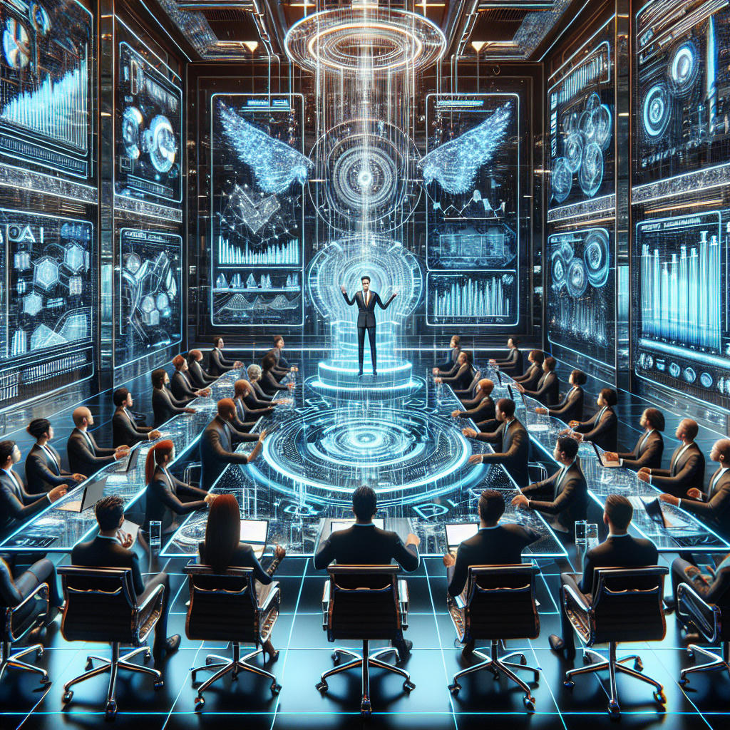 a luxurious conference room filled with venture capitalists in suits, a charismatic entrepreneur pitching an AI startup, holographic charts and graphs, high-tech environment, extremely detailed, photorealistic, cyberpunk aesthetic, intricate, high detail, art by midjourney