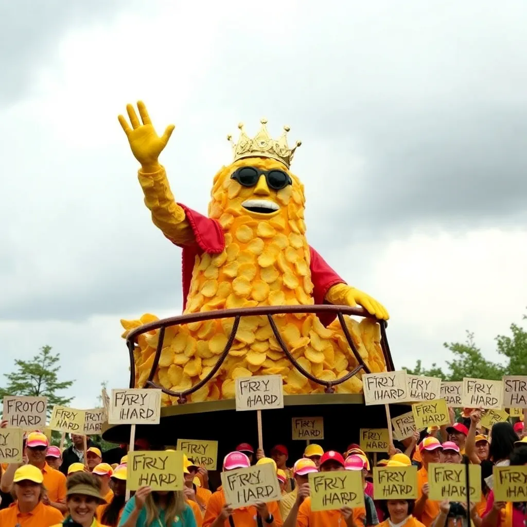 potato king waving from balcony made of potato chips, crowd of potato-costumed humans below holding 'Fry Hard' signs, cloudy sky