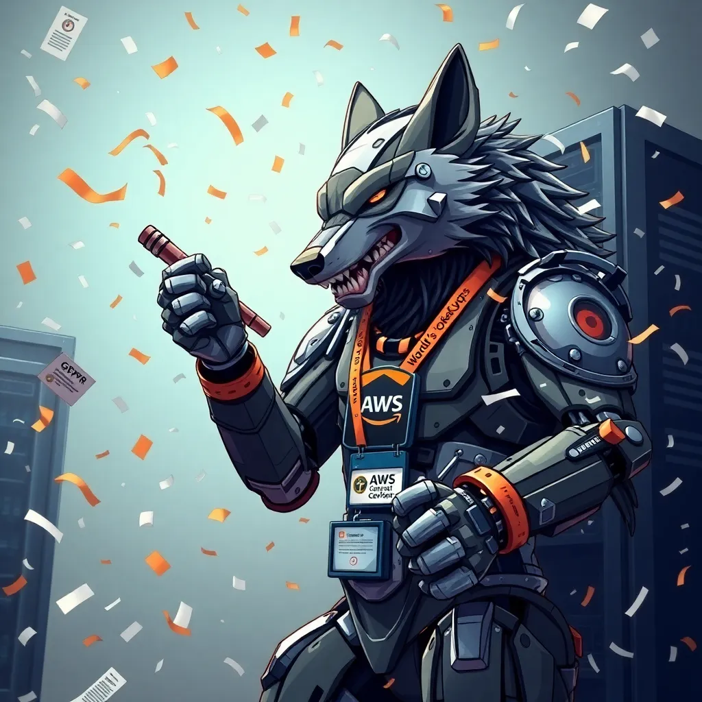 Giant robotic wolf Fenrir wearing a 'World's Okayest DevOps' lanyard, playfully batting a shredded AWS server rack like a cat toy, confetti made of shredded GDPR compliance forms raining down