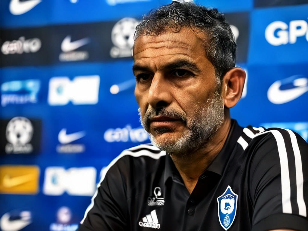 Renato Gaúcho, técnico de futebol, em uma coletiva de imprensa, expressão séria, fundo com logotipos do Grêmio