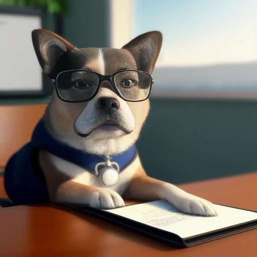 Office dog writing articles at a desk