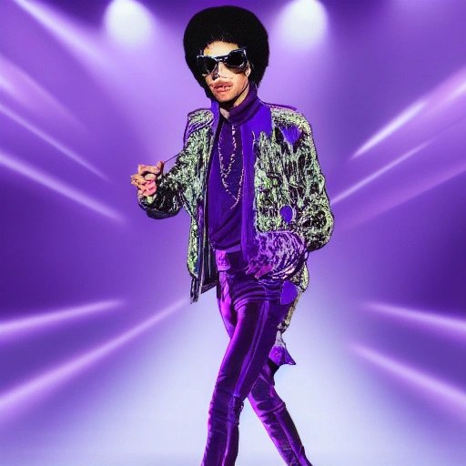 Prince playing guitar in purple outfit