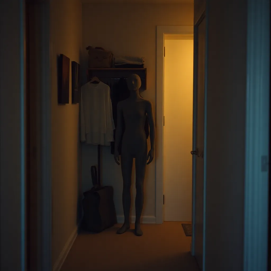 A documentary-style photograph of a hallway at dusk, where a tall, grey fabric figure stands motionless near a coat rack. The image is captured with a slight grain, emphasizing the stillness of the domestic environment.